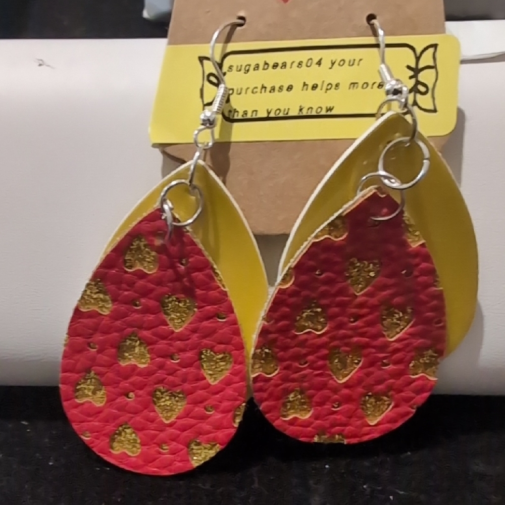 handmade red faux leather teardrop earrings with gold glitter hearts.